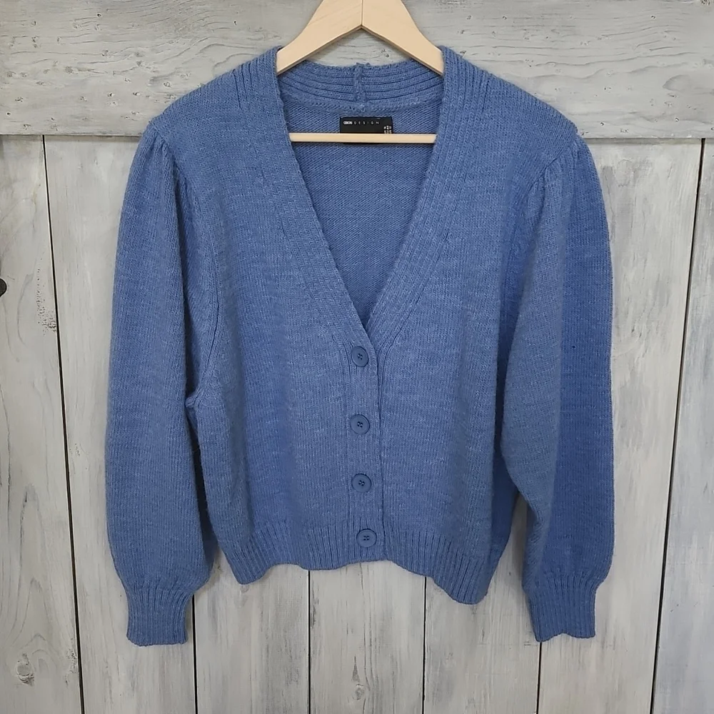 ASOS Design V-Neck Cardigan Puff Sleeve Blue UK 16 | US 12 NEW NWT - Picture 3 of 15